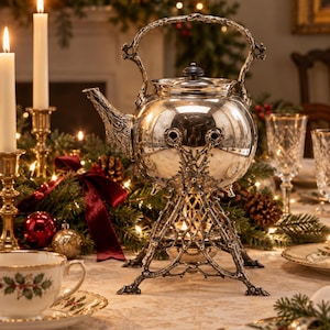 May include: A polished silver teapot with a textured, branch-like handle and spout, resting on a matching ornate metal stand. The teapot features a rounded body with a small lid knob and a decorative base structure that supports the vessel above a central opening.