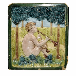 Large Antique 1900 Jugendstil Majolica Relief Tile 8x8x2 Heavy Art Nouveau Pan Faun Flute Player Wall Plaque, German Studio Art Pottery