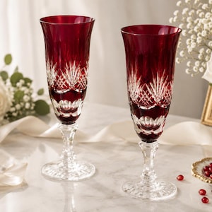 5x Vintage Champagneglas Röd Överlägg Bohemisk Stil, Champagneflöjter Kristallslipade, Antika Blykristallglas Handgjorda, Ananasslipade