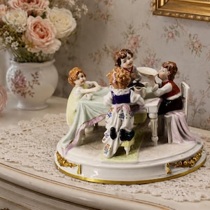 Antique Scheibe Alsbach Porcelain Figurine Children at Dining Table, 1920s German Fine China Group Statue, Grandmillennial Luxury Gift