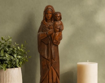 Estatueta de madeira de Maria com o Menino Jesus, escultura vintage da Madona, esculpida à mão, arte popular religiosa, meados do século XX, escultura antiga em madeira, 32 cm, decoração sacra