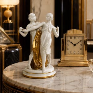Antique Art Deco Porcelain Figurine Karl Ens Volkstedt c. 1925 – Dancing Women Statue White and Gold Gilt – Collectible Windmill Mark