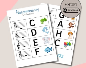 Sheet music memory, reading music, treble clef, for learning music notes, children, download, PDF, self-printing, children's game