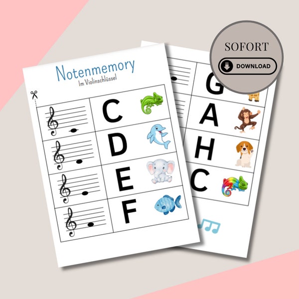 Notenmemory, Notenlesen, Violinschlüssel, zum erlernen der Musiknoten, Kinder, Download, PDF, Selbstdruck, Kinderspiel