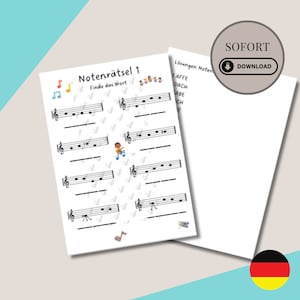 Notenrätsel, Wörter finden, Notenlesen lernen, Violinschlüssel, zum erlernen der Musiknoten, Kinder, Download, PDF, Selbstdruck, Kinderspiel