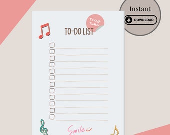 May include: A white printable to-do list with a pink sticker that says "Today Tasks" and a red musical note. The list has 18 lines with checkboxes and a space for writing. The bottom of the page has a green musical note, a pink "Smile" and a gold musical note.
