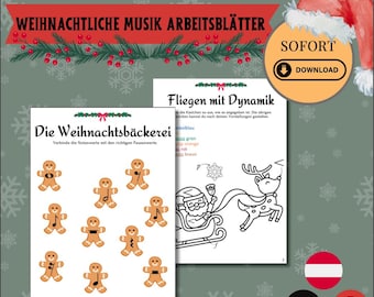 May include: Two printable Christmas-themed worksheets. One features gingerbread men with musical notes, the other shows Santa in a sleigh with a reindeer. The text includes "WEIHNACHTLICHE MUSIK ARBEITSBLÄTTER" and "SOFORT DOWNLOAD".