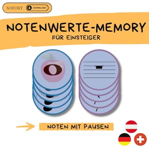Può includere: Un gioco di memoria blu e rosa per imparare le note musicali. Il gioco presenta immagini di note musicali e pause, insieme alle parole tedesche "Notenwerte-Memory" e "Für Einsteiger". Il gioco include anche le parole "Noten mit Pausen" e immagini delle bandiere austriaca, tedesca e svizzera.