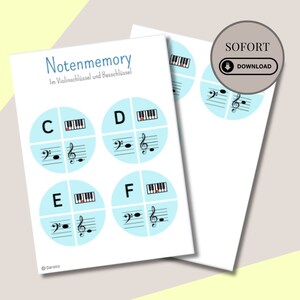 Peut inclure: Une feuille de travail imprimable pour apprendre les notes de musique. La feuille de travail présente un clavier de piano et une notation musicale pour les notes C, D, E et F. Le titre de la feuille de travail est "Notenmemory Im Violinschlüssel und Bassschlüssel".