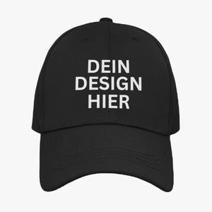 Könnte beinhalten: Schwarze Baseballkappe mit weißem Text, der "DEIN DESIGN HIER" lautet.