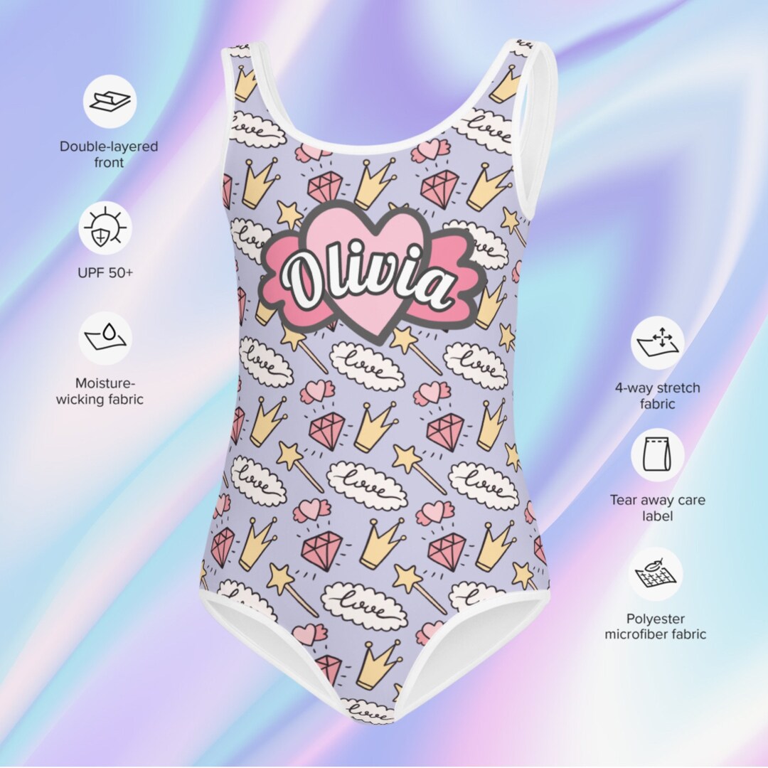 Custom Girls Swimsuit Birthday Bathing Suit Princess Print Etsy