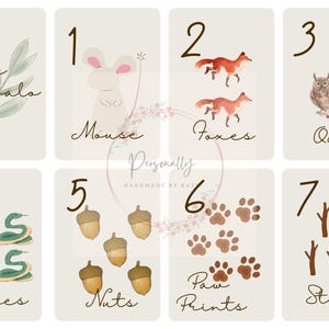 Könnte beinhalten: Sieben illustrierte Karten mit Zahlen und Bildern. Die Karten zeigen eine Maus, Füchse, Eulen, Schlangen, Nüsse, Pfotenabdrücke und Stöcke. Die Illustrationen sind im Aquarellstil gehalten, mit Text auf neutralem Hintergrund.