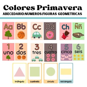 Abecedario, numeros y figuras geometricas Colores Primaverales