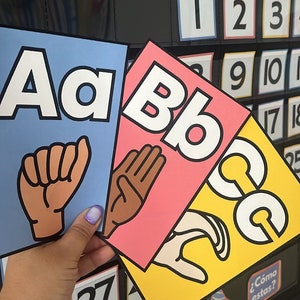 Puede incluir: Un cartel de alfabeto azul, rosa y amarillo con las letras A, B y C. Cada letra está en blanco con un contorno negro y está acompañada de un signo de la mano. El cartel está colgado en una pared negra con un calendario y otras decoraciones de aula.
