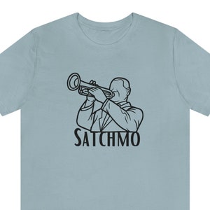 Satchmo Decal Jazz Trumpet T Shirt, Louis Armstrong Music Print Tshirt, Unisex Soft Style Casual Crew Neck Tee, Retro Classic Vintage Top