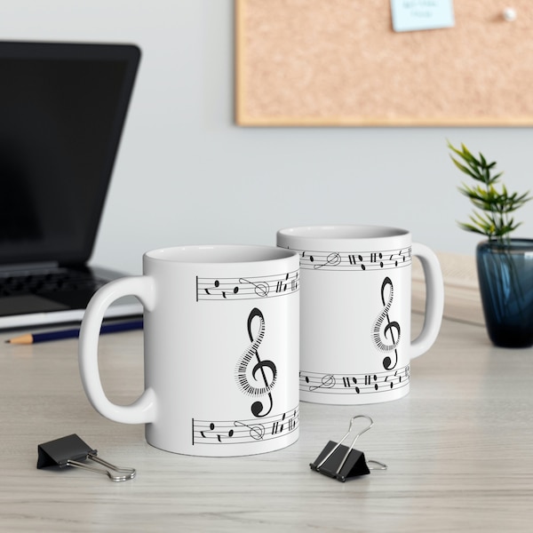 Notes de musique Piano Keys Mug en céramique, motif clé de sol imprimé 11 oz tasse à café, décalcomanie musicale cadeau durable pour musicien professeur vaisselle