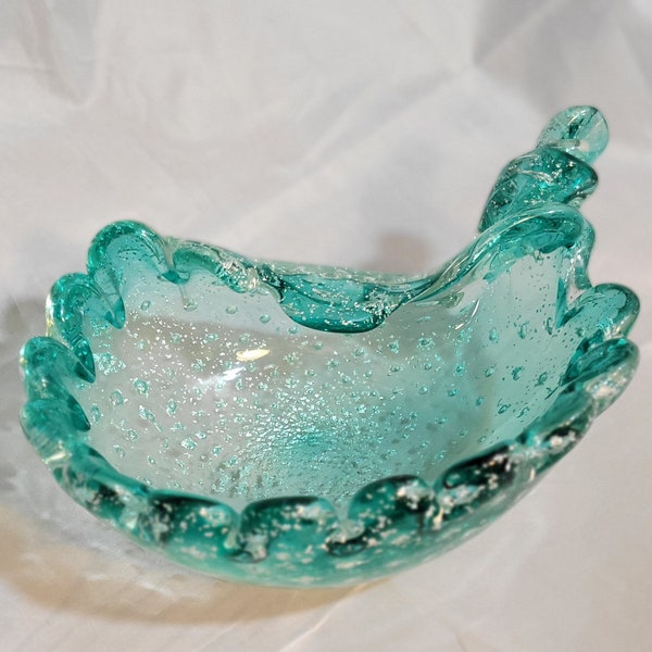 Vintage Murano Glass Ashtray / Bowl Pale Green with Silver Flecks and Bullicante Cased in Clear Glass in a Shell Shape and Scroll Decoration