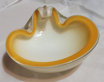 Vintage Murano Barbini Glass Bowl / Ashtray Cased Lattimo Base with Gold Leaf and Amber Rim