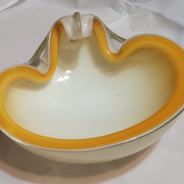 Vintage Murano Barbini Glass Bowl / Ashtray Cased Lattimo Base with Gold Leaf and Amber Rim