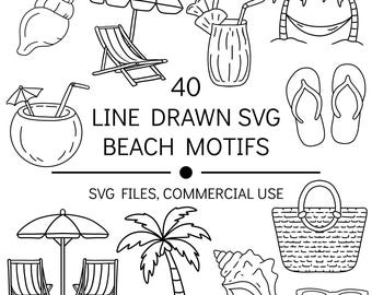 Beach Theme SVG Bundle, Hand Drawn Coastal Line Art, Commercial Use