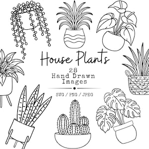 May include: A collection of black and white line art illustrations featuring various potted house plants. The central text reads House Plants 28 Hand Drawn Images SVG / PNG / JPEG. The plants include a hanging string of pearls, a cactus, and a monstera.