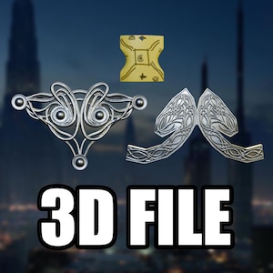 Puede incluir: Un archivo digital 3D que representa tres componentes distintos: una pequeña pieza cuadrada amarilla con marcas grabadas, un adorno de filigrana plateado simétrico y una pieza curva plateada con patrones de líneas complejos.