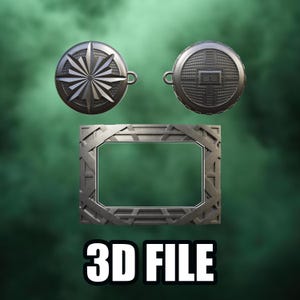 Puede incluir: Un archivo digital 3D que muestra tres objetos de tonos metálicos: dos colgantes circulares con patrones geométricos de estrella y rejilla, y un marco rectangular con un borde de celosía. El texto 3D FILE aparece en la parte inferior.