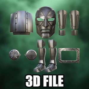Könnte beinhalten: Eine 3D-Datei als digitales Modell eines metallisch grauen Kostümsets, bestehend aus einer Vollgesichtsmaske, Schulterpanzerung, Unterarmschützern, zwei runden Medaillons mit komplexen Mustern, Beinschienen und einem rechteckigen Rahmenteil auf grünem Grund.