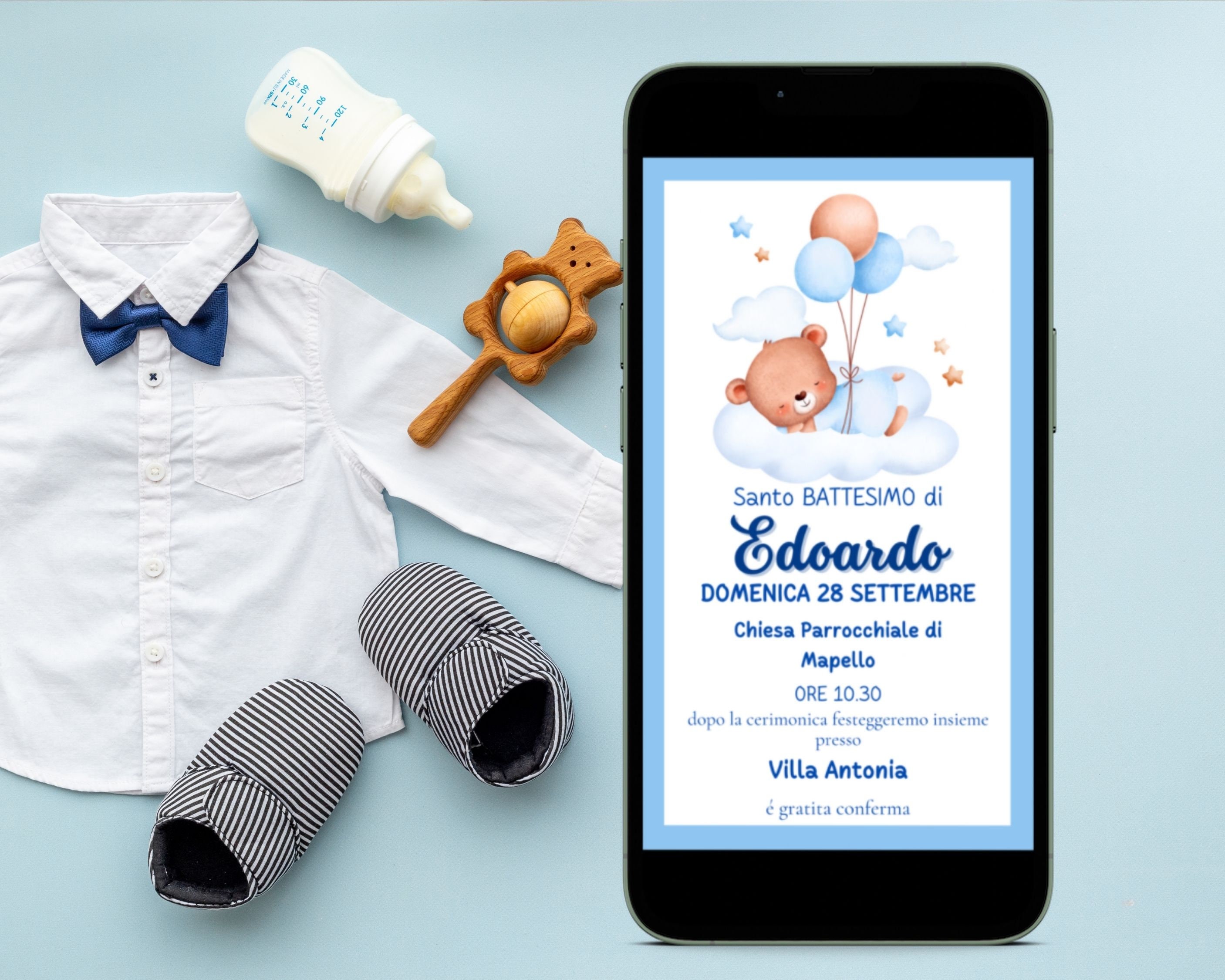 Invito battesimo digitale, Grafica personalizzabile, Download immediato