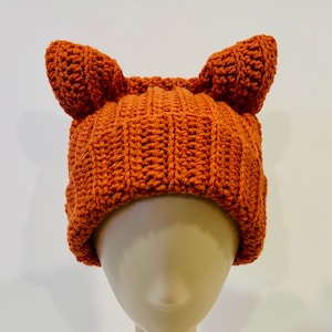 Crochet Fox Ear Beanie, Handmade Winter Hat