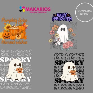 May include: A collection of Halloween-themed designs. One design features a pumpkin spice latte with pumpkins and the text "Pumpkin Spice Harvest wishes." Another design shows a ghost with flowers and the text "Happy Halloween."