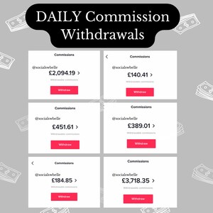 Op de afbeelding: Een screenshot van een website die dagelijkse commissie-uitbetalingen toont. Het scherm toont zes verschillende commissies, elk met een gebruikersnaam, een bedrag en een knop om de fondsen op te nemen.