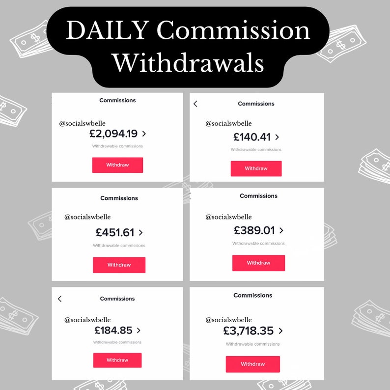 Op de afbeelding: Een screenshot van een website die dagelijkse commissie-uitbetalingen toont. Het scherm toont zes verschillende commissies, elk met een gebruikersnaam, een bedrag en een knop om de fondsen op te nemen.