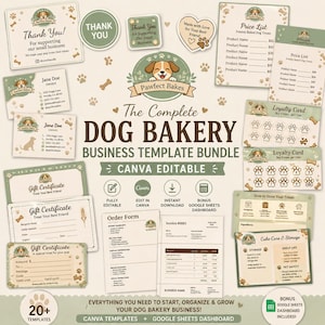 May include: A dog bakery business template bundle with over 20 templates, including price lists, gift certificates, and loyalty cards. The design features a cute dog logo and is Canva editable. Includes a Google Sheets dashboard.