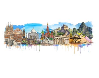 UNESCO World Heritage Watercolor Art Print | Wonders of the World (Digital Download)