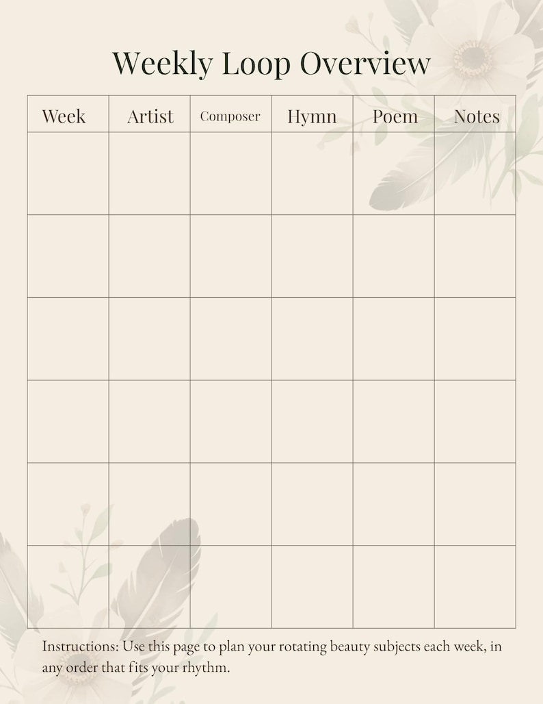 Weekly Loop Checklist Template Charlotte Mason Beauty Loop Tracker | Homeschool Morning Time ...