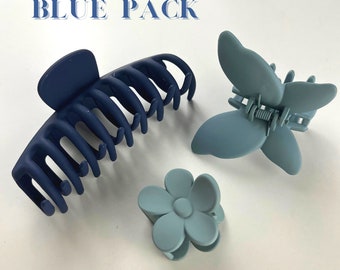 Blue Hair Clips - Big Colorful Claw, Butterfly, and Flower Clips