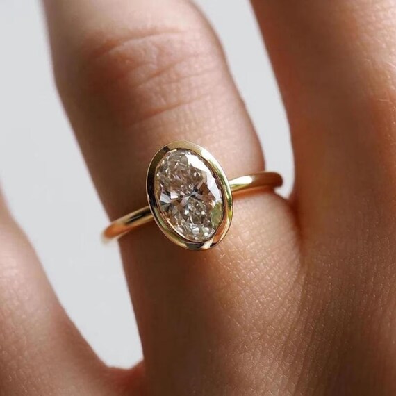 Vintage Moissanite Gold Ring, Oval Cut Moissanite Wedding Ring, Bezel Set Ring, Brilliant Clarity Moissanite, 14k Solid Yellow Gold ring