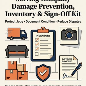 Könnte beinhalten: Ein professionelles Umzugsunternehmen PDF-Kit mit dem Text Moving Company Damage Prevention, Inventory & Sign-Off Kit. Die Grafik enthält Symbole für einen Umzugswagen, ein Sofa, Kartons, ein Klemmbrett, eine Kamera, ein Schild und ein Formular.