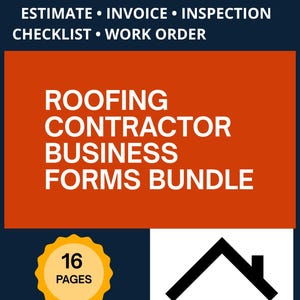 Puede incluir: Un paquete de documentos digitales titulado Professional Printable Templates for Roofing Contractor Business Forms Bundle, que incluye formularios de presupuesto, factura, lista de inspección y orden de trabajo. El gráfico incluye una insignia de 16 páginas.