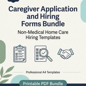 Könnte beinhalten: Ein digitales Dokumentenpaket mit dem Titel Caregiver Application and Hiring Forms Bundle, das 16 Formulare, Vorlagen für die nicht-medizinische häusliche Pflege und professionelle A4-Vorlagen sowie verschiedene Symbole enthält.
