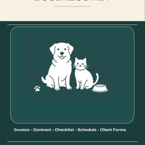 Puede incluir: Gráfico turquesa de un kit de negocios con el texto "DOG WALKING & PET SITTING BUSINESS KIT". La imagen presenta un perro y un gato blancos, una huella de pata y un cuenco para mascotas. Incluye formularios.