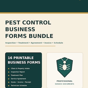 Könnte beinhalten: Ein digitales Dokument mit dem Titel Pest Control Business Forms Bundle, das 16 druckbare Geschäftsformulare enthält, darunter Inspektionsberichte, Behandlungspläne, Serviceverträge, Rechnungen, Quittungen und Zeitpläne.