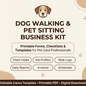 Könnte beinhalten: Ein digitales Business-Kit für Hundespaziergänge und Haustierbetreuung mit einem braunen Hunde-Icon und dem Text DOG WALKING & PET SITTING BUSINESS KIT, Printable Forms, Checklists & Templates for Pet Care Professionals, Client Intake, Pet Profiles, Walk Logs, Daily Reports, Invoices, Schedules, Editable Canva Template, Printable PDF, Digital Download.