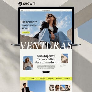May include: A laptop screen displaying the Venturas Creative website homepage. The design features a large hero image of a person in a black blazer and blue jeans, bold typography reading Venturas, and a section titled A bold agency for brands that dare to stand out.