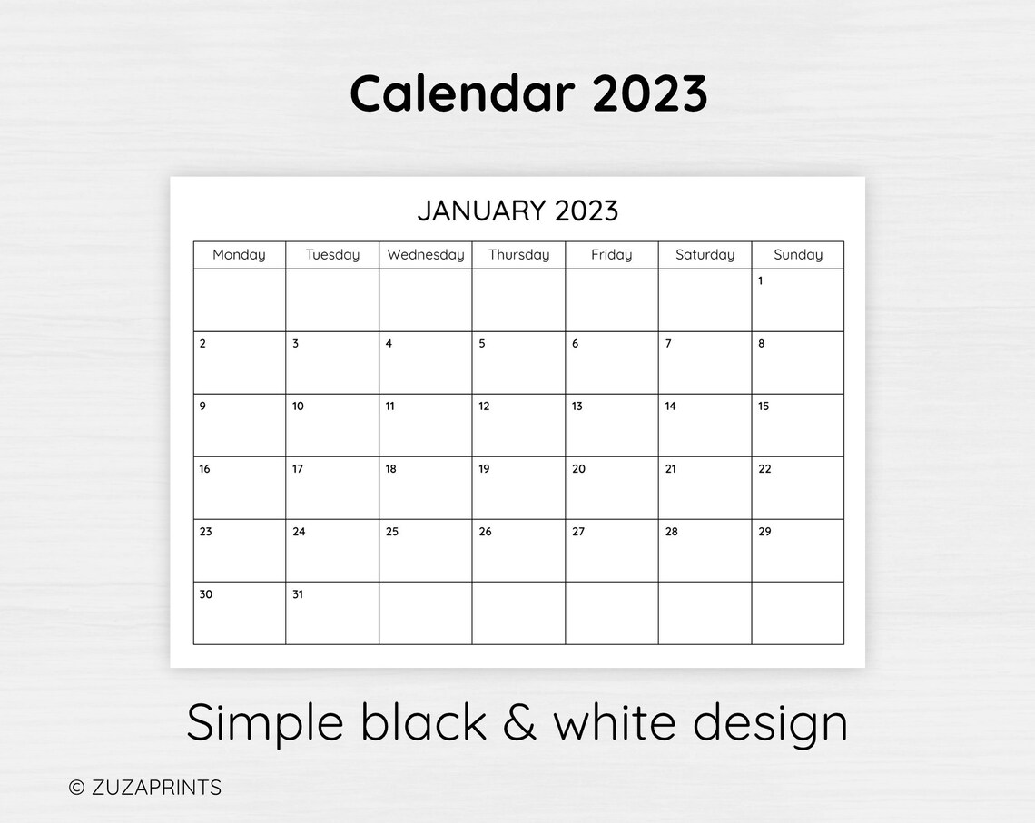 Printable 2023 Monthly Calendar in Black and White, Wall Calendar, A4