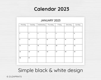 Printable 2023 Monthly Calendar in black and white, Wall Calendar, A4, Instant Download, PDF