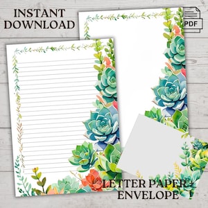 Conjunto de papelaria para impressão de plantas suculentas - Download digital em PDF - Papel de carta dos EUA pautado e sem pauta com envelope 5x7 correspondente, notas, A4