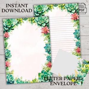 Hermoso kit imprimible de papelería suculenta / Sobre de regalo incluido / Descarga instantánea en PDF - Papel de carta de EE. UU. con y sin rayas, papel de notas, A4