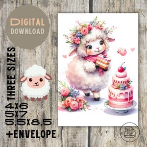 Tarjeta de oveja con pastel rosa: diseño de acuarela caprichoso para todas las ocasiones / PDF y PNG imprimibles, impresión DIY con sobre, tarjeta para un niño